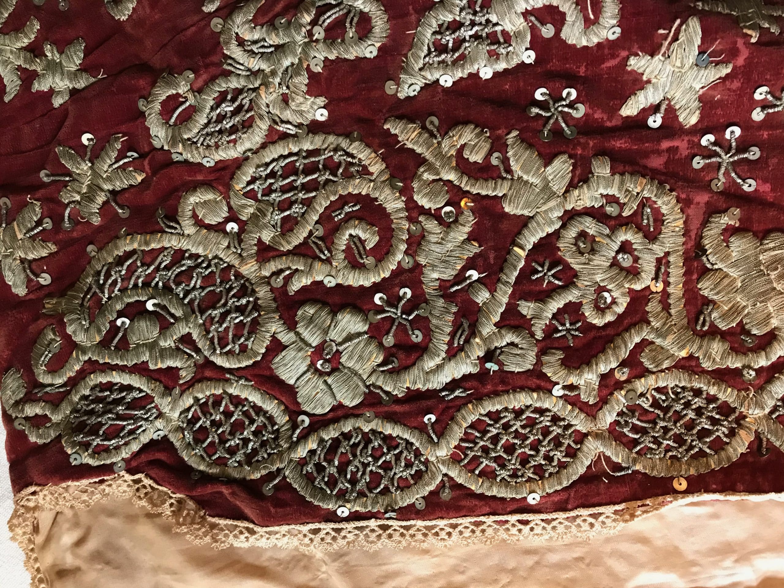 Up close to the gold-threaded brocade