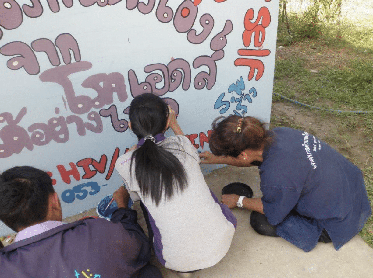 Sima participates in an anti-drug and HIV awareness Mural project with high school students in Phrao, Chiang Mai